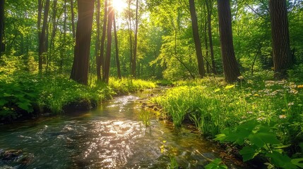 Obraz premium A serene forest scene with sunlight filtering through trees and a flowing stream.