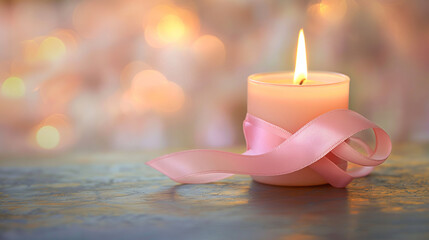 Pink Ribbon and Candle Artwork: A lit candle wrapped in a pink ribbon, representing remembrance and the light of hope, with copy space