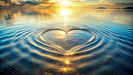 Delicate heart-shaped ripples spread across the serene water's surface, reflecting the gentle warmth of a sunny day, symbolizing love and tranquility.