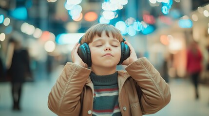Child with Headphones in a Busy Mall for Autism and Sensory Processing Themes