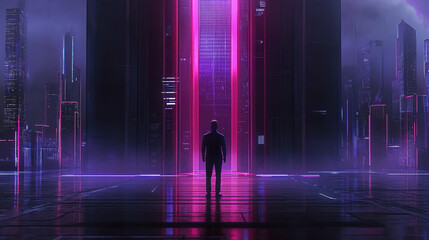 Obraz premium Advanced artificial intelligence concept with a digital human silhouette standing before a holographic display featuring futuristic data and city background.