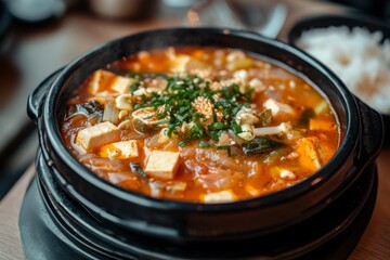 Sundubu Jjigae, A spicy stew made with uncurdled tofu, vegetables, sometimes seafood, and gochujang or gochugaru (Korean chili powder).