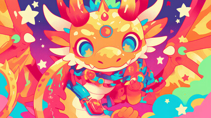 Naklejka premium Cute dragon wearing Japanese samurai armor, cool poses, cute kawaii, simple, smiling happy. high quality, neon psychedelic background