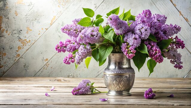 Delicate purple lilac blooms and lush greenery arranged in a elegant, vintage-inspired mercury glass vase on a worn wooden table against a soft white backdrop.