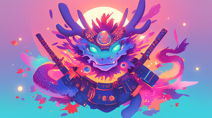 Cute dragon wearing Japanese samurai armor, cool poses, cute kawaii, simple, smiling happy. high quality, neon psychedelic background