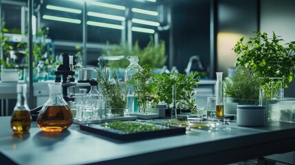 Interior of a research lab with herbs and scientific equipment, emphasizing innovation in plant studies.