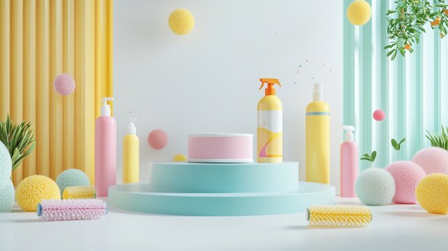 A sleek 3D podium surrounded by pet cleaning supplies like lint rollers and disinfectant sprays, on a white background, ideal for pet hygiene product showcases