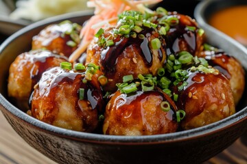 Fototapeta premium Takoyaki, Ball-shaped snacks made from a batter and filled with minced or diced octopus, tempura scraps, pickled ginger, and green onions, served with takoyaki sauce and mayo.