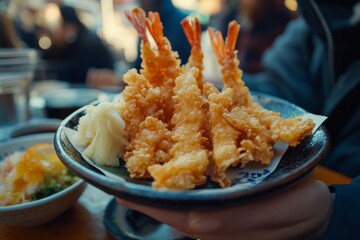Tempura, Seafood or vegetables that have been battered and deep-fried. The batter is typically light and crispy.