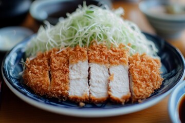 Tonkatsu, Breaded and deep-fried pork cutlet, typically served with shredded cabbage and a thick, sweet sauce.