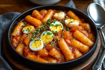 Tteokbokki, Stir-fried rice cakes in a spicy and sweet gochujang sauce, often mixed with fish cakes and boiled eggs.