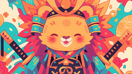 Cute lion wearing Japanese samurai armor, cool poses, cute kawaii, simple, smiling happy. high quality, neon psychedelic background