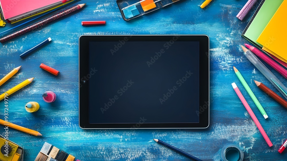 Poster overhead view of a digital tablet with blank screen surrounded by various creative tools and copy sp