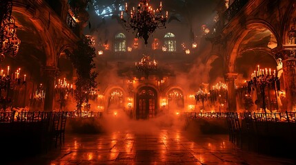 Obraz premium Eerie candlelit interior of a haunted mansion, creating a chilling and atmospheric scene perfect for a spooky Halloween night.