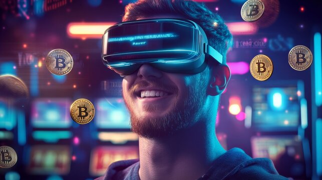 Bitcoin VR Exuberance: Immersed in a neon dreamscape, a man with a VR headset experiences the exhilarating world of cryptocurrency. Bitcoin symbols dance around him, symbolizing the thrill and potenti