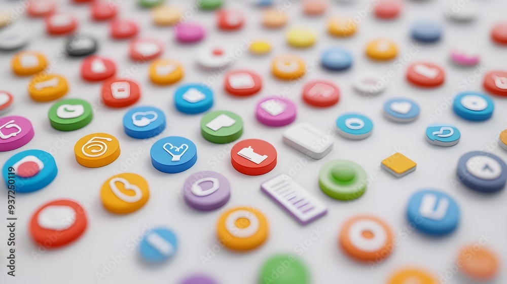 Poster a neat and organized arrangement of various colorful icons displayed on a clean light background wit