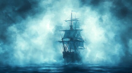 Fototapeta premium Sailing through a foggy seascape, capturing the eerie and mystical essence of a journey through the unknown.