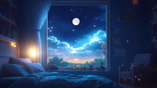 fantasy landscape Cozy kids Bedroom with moonlight view motion animation video background