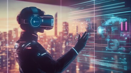 Navigating the Metaverse: A lone figure in a VR headset interacts with a holographic cityscape, embodying the future of technology and virtual reality.