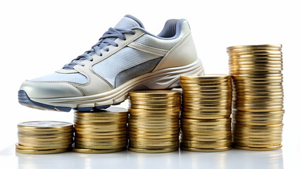 Photo Realistic as Sports shoes and coin stack concept as Sports shoes and a stack of coins symbolizing the combination of an active lifestyle and financial accumulation perfect for isolated vector de