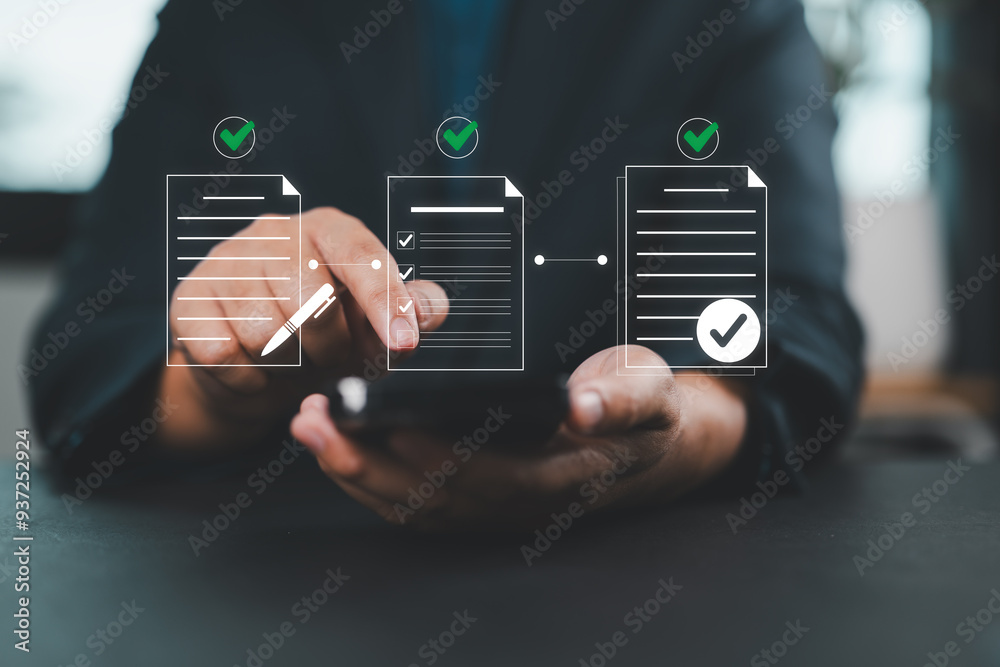 Poster Businessman use smartphone to Approve document icon on virtual screen for business process workflow illustrating management approval and and project approve concept.