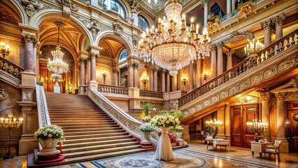 Obraz premium Elegant ornate ceremonial hall with grand staircase, crystal chandeliers, and majestic architectural details serves as a romantic backdrop for a luxurious wedding celebration.