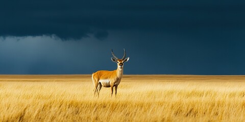 Naklejka premium Saiga antelope facing dramatic storm on Kazakh steppe