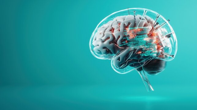 Creative poster with a 3D model of a brain filled with snippets of Python code symbolizing machine learning