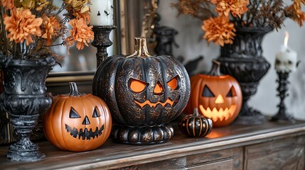 Obraz premium Halloween pumpkins decoration with glowing faces and candles, blending the festive spirit of Halloween with the eerie glow of candlelight.