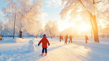 Children and Families Enjoy Winter Ice Skating in a Snowy Park at Sunset