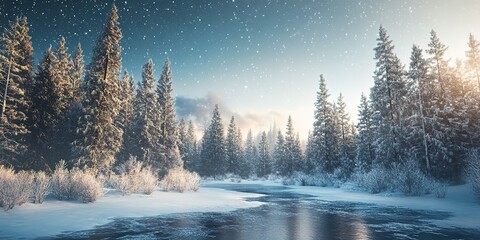 Fototapeta premium A serene, snowy landscape engulfs a forest with tall trees partially coated in frost under a clear, starry sky. 