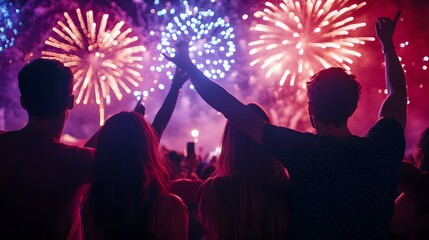 9. A group of friends enjoying a lively festival with fireworks in the background