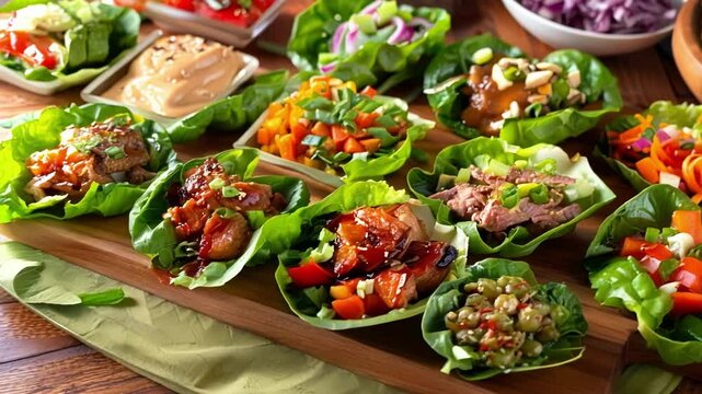 Wooden serving board is loaded with fresh lettuce cups filled with various cooked meats and chopped vegetables, ready to be assembled into appetizers