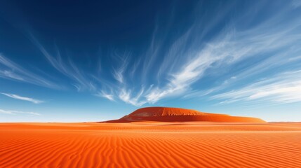 Vibrant Desert Landscape, expansive orange dunes ripple beneath a clear blue sky, wispy clouds drift elegantly above a distant, softly rounded sandy mountain backdrop.
