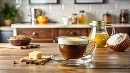 Freshly brewed ketogenic coffee with melted butter and coconut oil in a cup on a wooden table with a blurred background of a modern kitchen.