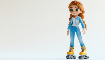 Joyful 3D Cartoon Girl on Roller Skates: Vibrant Illustration for Sports and Outdoor Activities. AI-Generated Design with Copyspace, Perfect for Health, Fitness, and Lifestyle Marketing. Minimalist Co