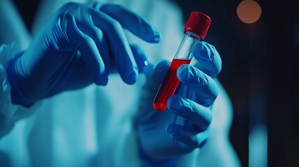 A doctor wearing medical gloves holds a blood tube labeled as a positive Monkeypox (Mpox) virus blood sample.
