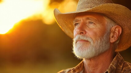 A contemplative senior man with a beard wearing a cowboy hat enjoying a serene sunset in a rural landscape