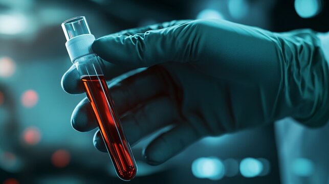 A doctor wearing medical gloves holds a blood tube labeled as a positive Monkeypox (Mpox) virus blood sample.