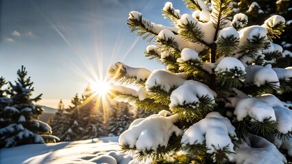 Snow-Covered Pine Tree Branch with Sun Rays