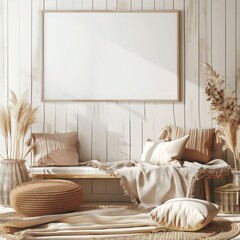 Cozy Farmhouse Decor Mockup: White Horizontal Poster Frame with Reflection and Shadow Overlay in Warm Living Room.