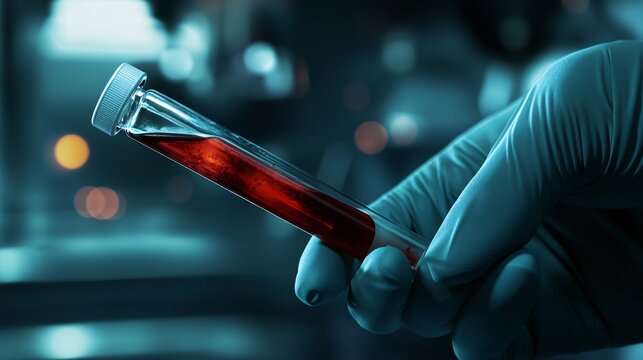 A doctor wearing medical gloves holds a blood tube labeled as a positive Monkeypox (Mpox) virus blood sample.