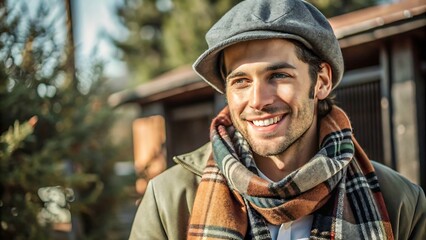 Portrait of a smiling man wearing a cap and scarf.