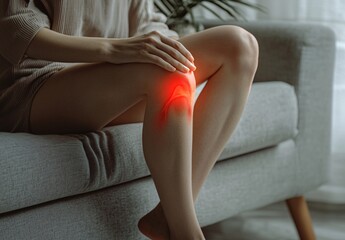 Obraz premium A woman experiencing knee pain, appearing exhausted and in discomfort
