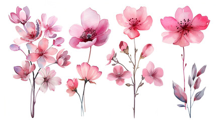 Exquisite Cherry Blossom Set on a Serene White Canvas ,South Korean Watercolor Flower Collection on Clean White Background
