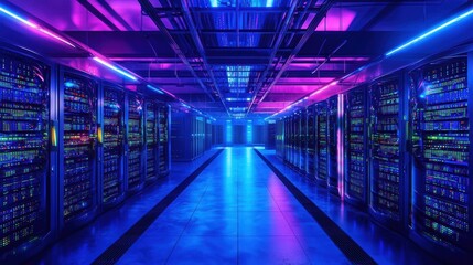 A high-tech data center filled with rows of servers, each unit adorned with blinking lights, indicating the constant flow and processing of data within a secure, ultra-modern facility 