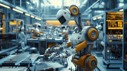 Fototapeta premium A manufacturing plant where robots, controlled by AI, are assembling products with precision, while engineers monitor the process through augmented reality interfaces 