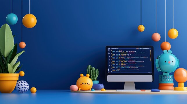 Fun educational theme poster with cartoon creatures typing out Ruby code