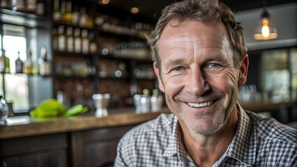Obraz premium Happy Man Sitting at a Bar Counter.