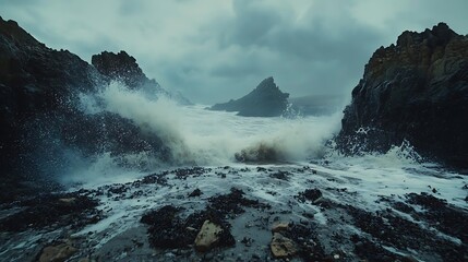 Stormy Sea Crashing Against Rocky Coast - Realistic Image